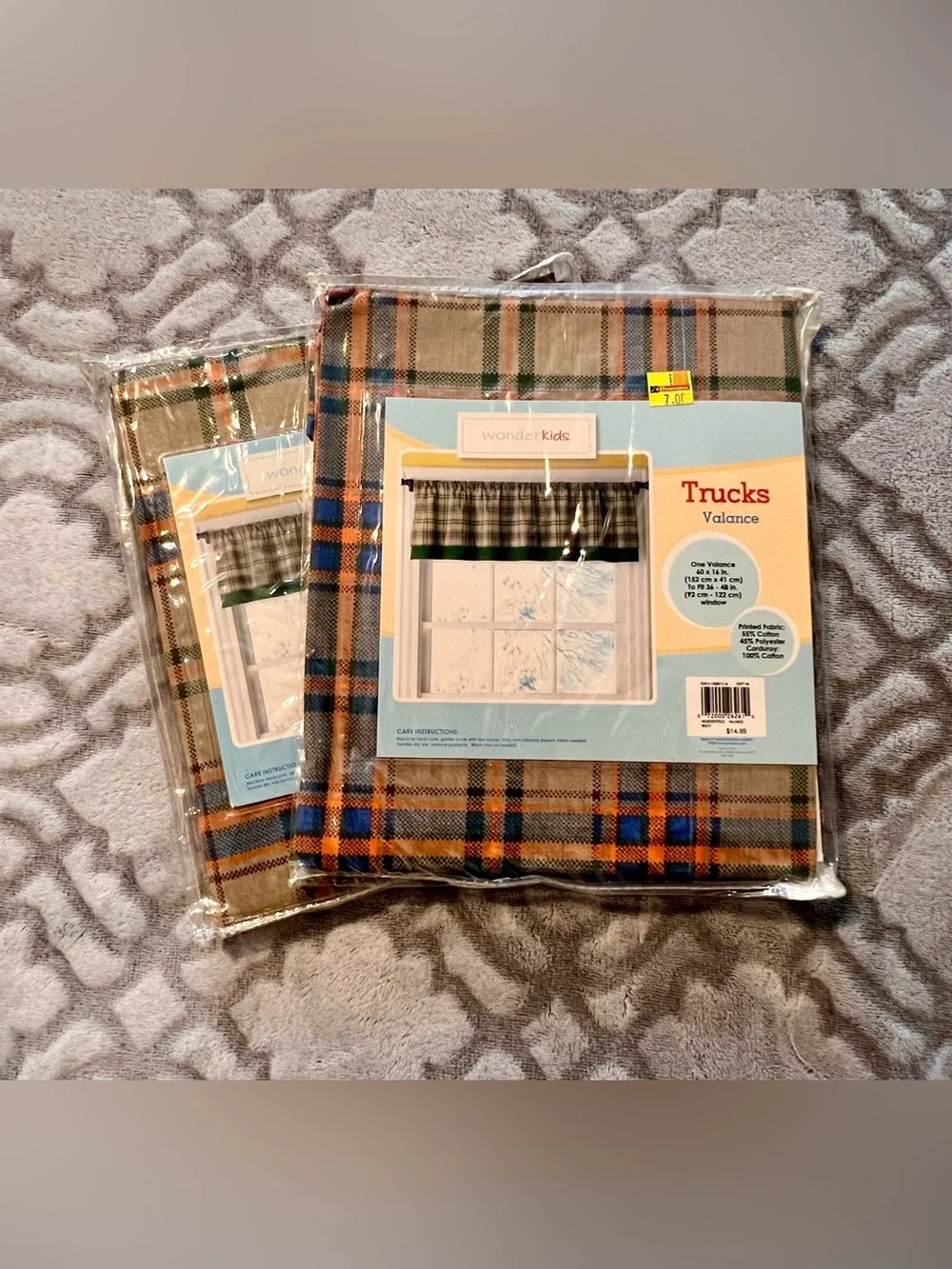 WonderKids Trucks Window Valance Plaid Nursery Curtain NIP